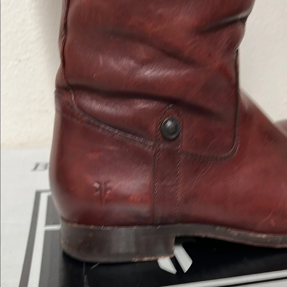 FRYE MELISSA BUTTON INSIDE ZIP COGNAC DISTRESSED LEATHER RIDING BOOT - Picture 5 of 10
